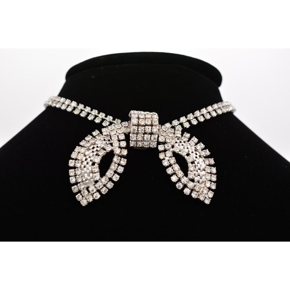 Duane Vintage Crystal Choker Bow Necklace Collar Rhinestone Bridal 1960s Bin4B